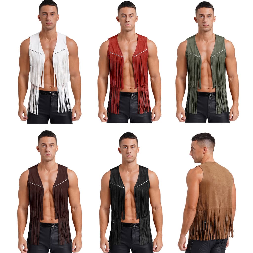 Aislor Men Faux Suede Tassel Vest Fashion Rivets Fringe Waistcoat Open Front Sleeveless Jacket Western Cowboy Vest