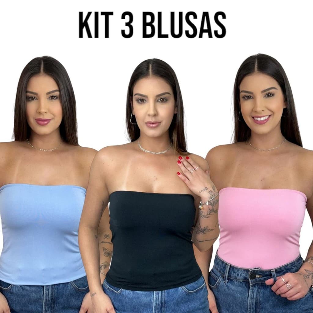 KIT 3 Tomara Que Caia Blusa Tubinho Comprido Suplex Top Tube Forrado Blogueira Moda Gringa