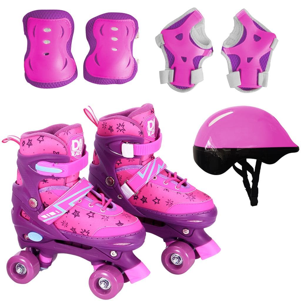 Patins Roller 4 Rodas Infantil Com Protecao Feminino Ajustavel Em 4 Numeros Radical - Dm Toys