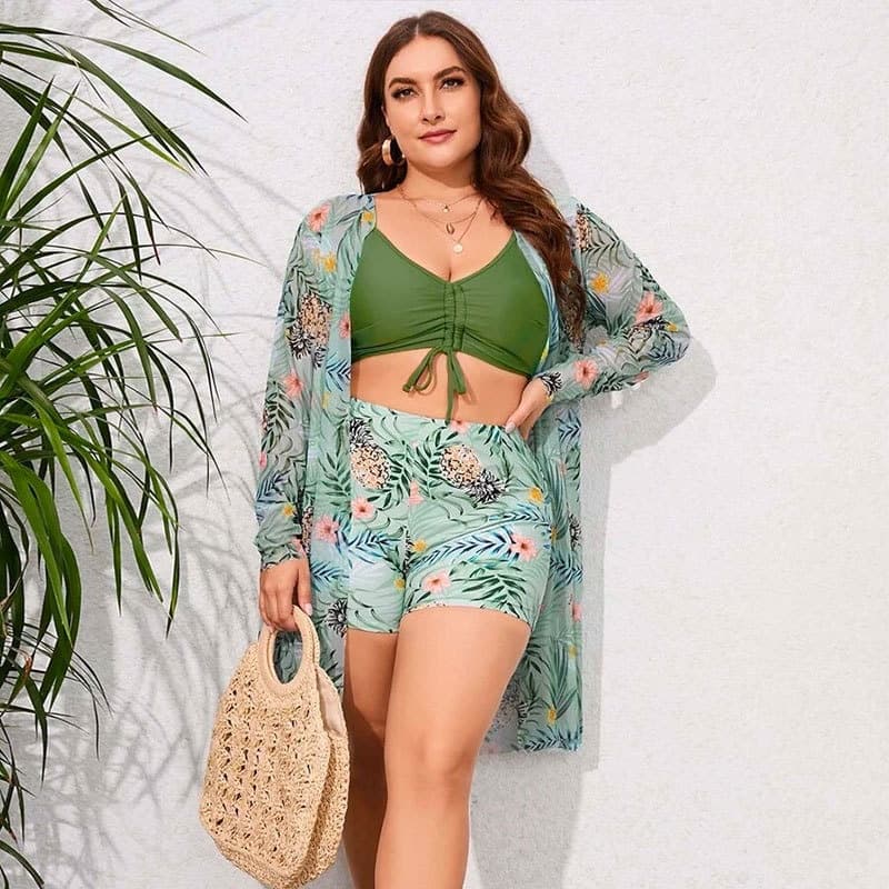 shorts conjunto de biquíni para saída de praia plus size  estampado,biquini com short,biquini feminino conjunto 3 peças,gg