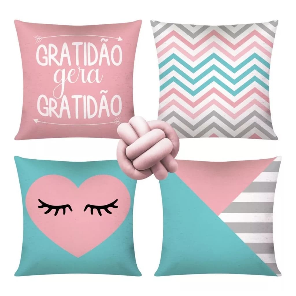 Kit 4 Almofadas Cheias Decorativas + 1 Almofada De Nó Gratidão gera Gratidão
