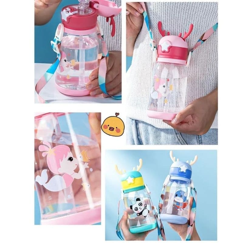 Garrafa Criança Água Alce Portátil Infantil Desenho Estrela Cordão Pescoço Canudinho Desenhos Fofos Menino Menina
