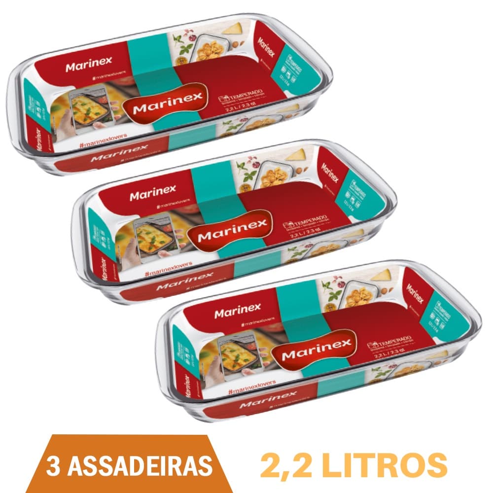 Assadeira Retangular De Vidro 2,2L  Refratário Marinex - 3Un