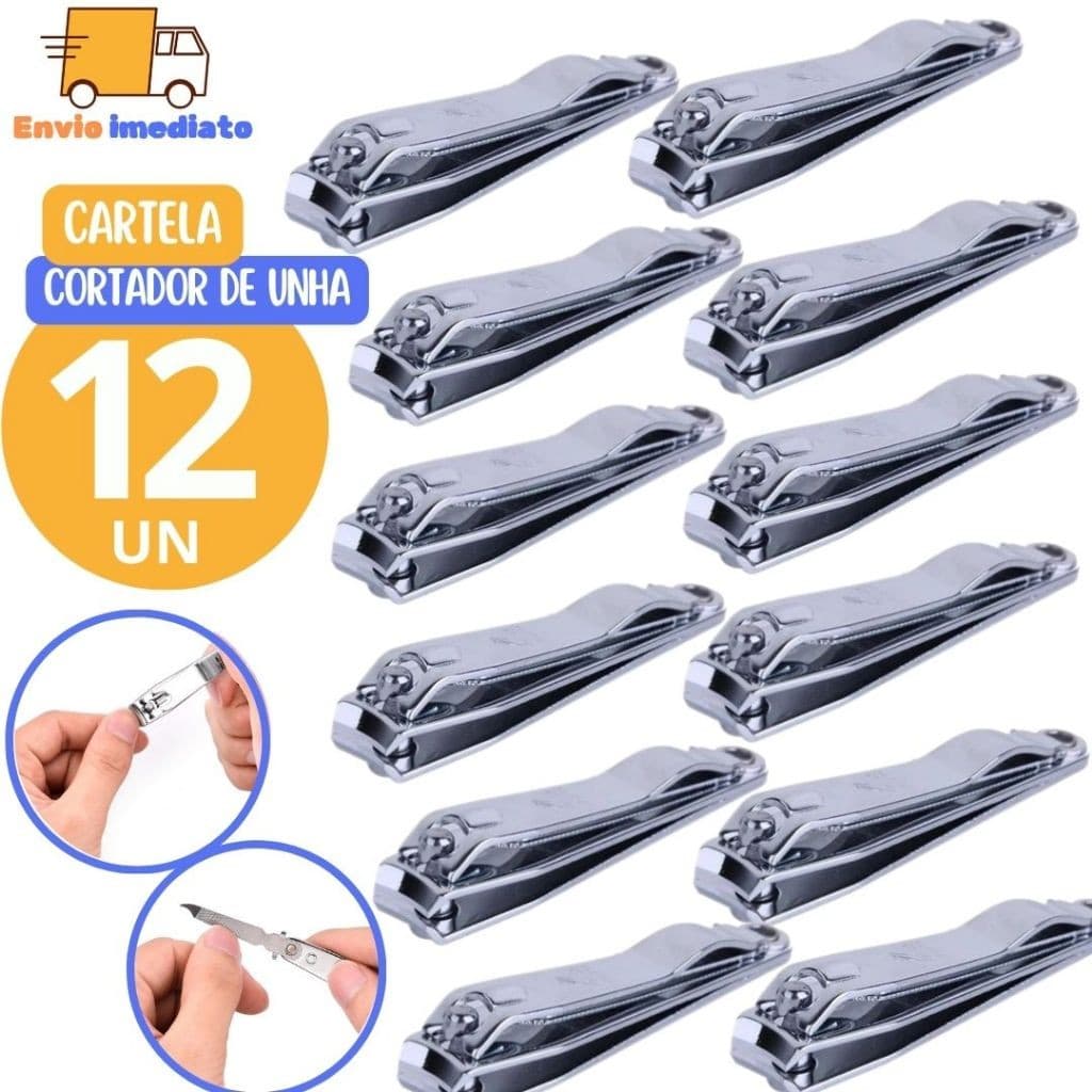 Cartela com 12 Cortador de Unha inox Lamina Curva Lixa Interna para Adulto Criança Casa Salao