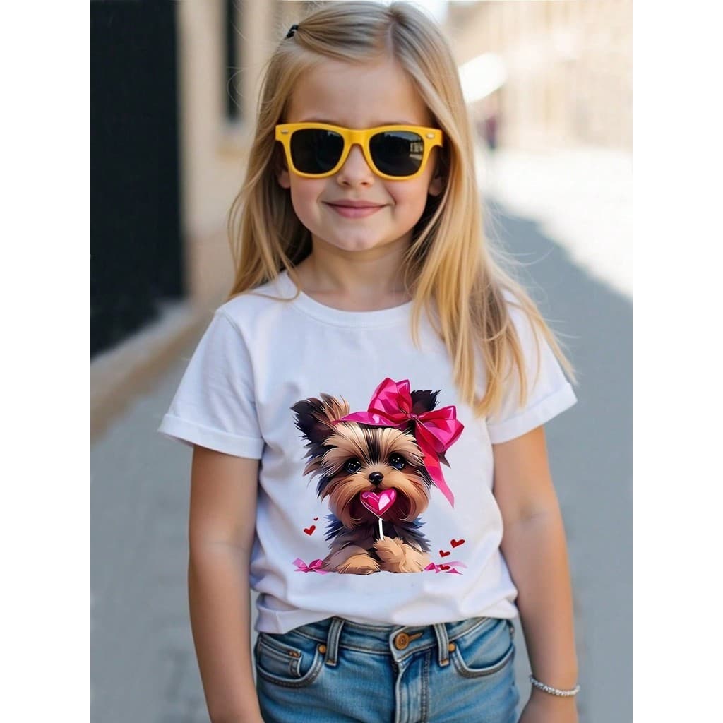 Camiseta Camisa 100%Algodão Estilosa  Filhote de Cachorro Fofinho, Versátil para Meninas