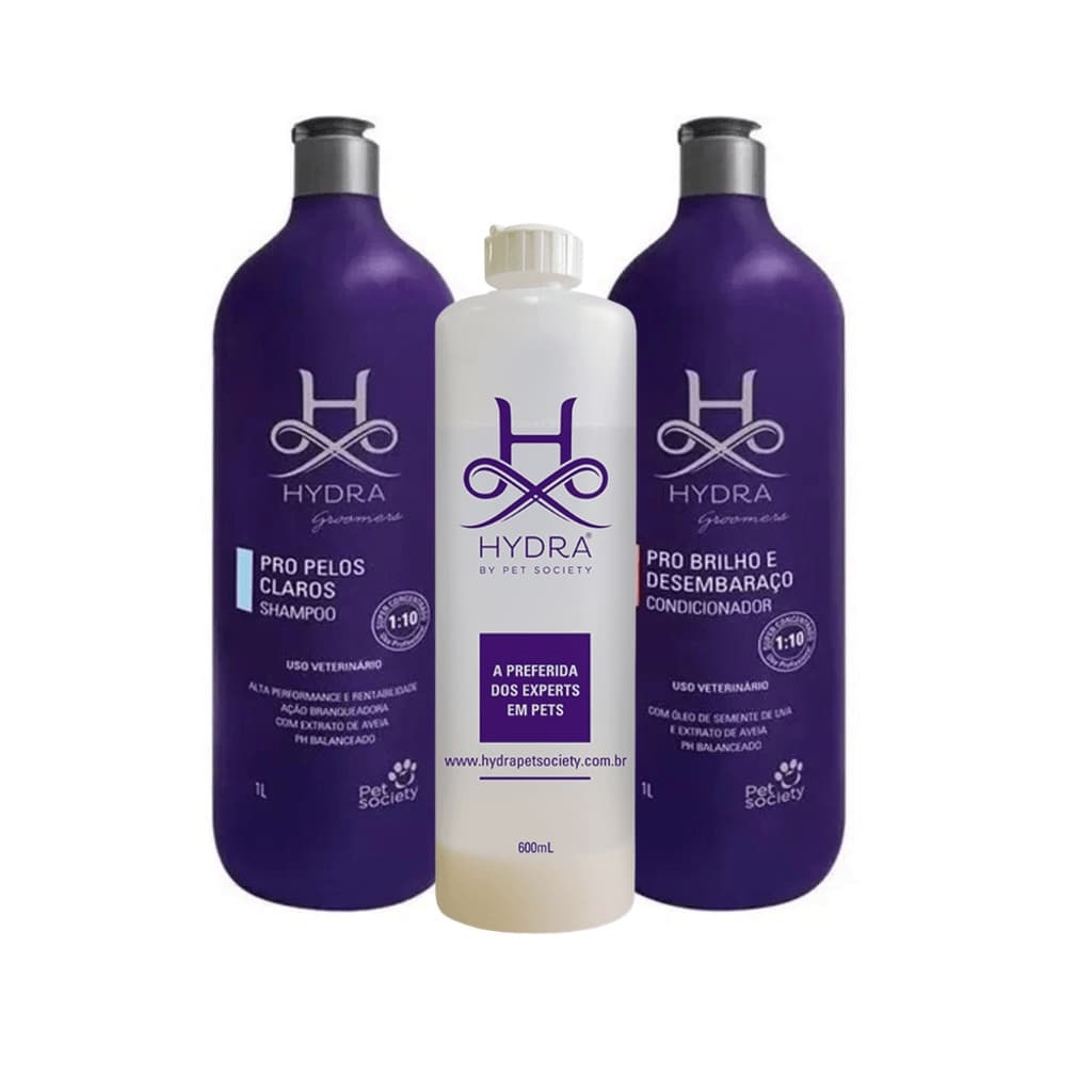 Kit Produtos Pet Hydra Groomers Shampoo Pelos Claros + Condicionador Brilho e Desembaraço + Frasco Diluidor