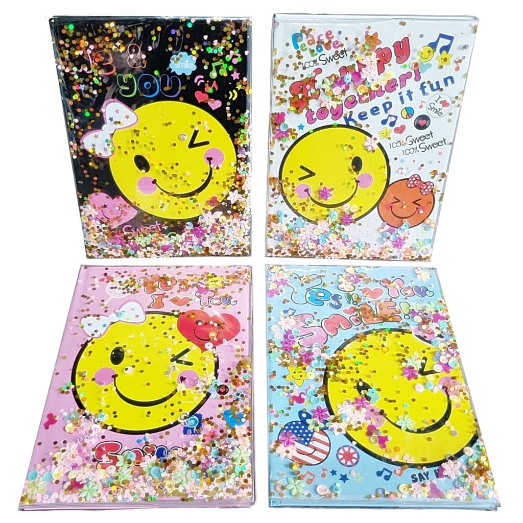 Caderno Emoji Smile 1/4 Brochura Paetê Capa Reutilizável