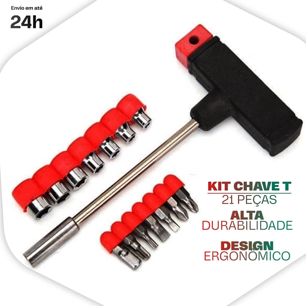 Kit Chave Fenda, Philips, Torx, Allen e Soquete de 4mm ate 12mm Tipo T – 21 Peças