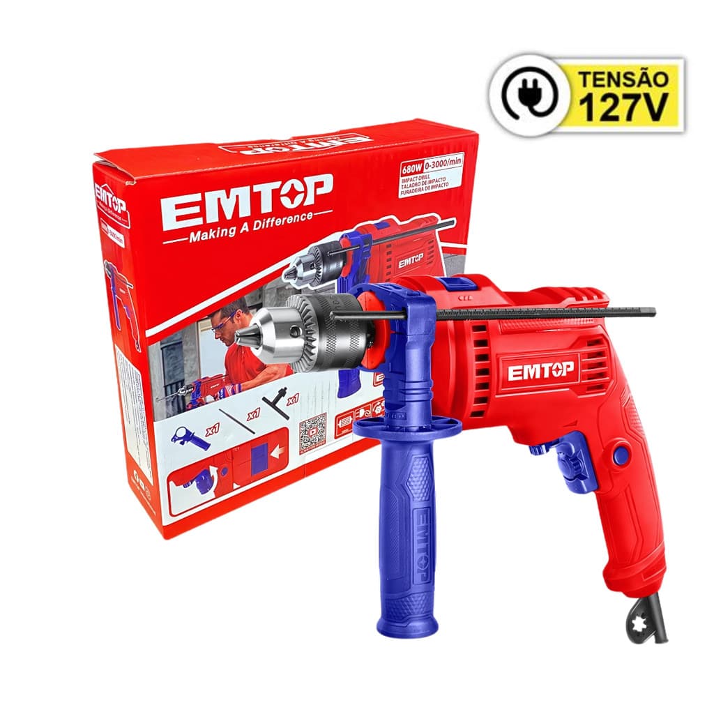 Furadeira Elétrica Mandril 1/2 680w Emtop Vermelho Frequência 60hz 110v 127v Profissional Industrial