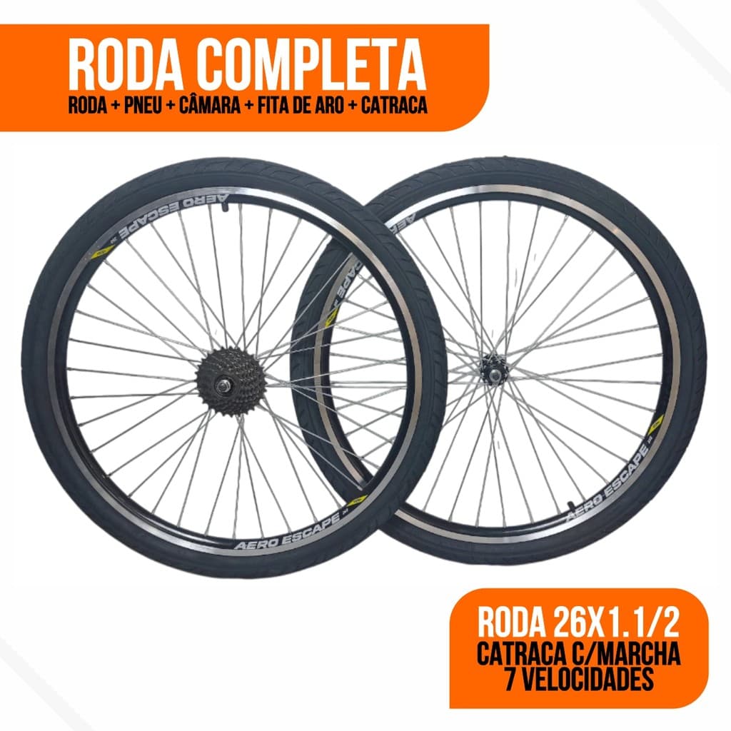 Roda Completa 26x1.9 Raio Grosso/Cubo Aço Aero Vzan C/ Pneus Praieiro e Camara Kenda + Catraca