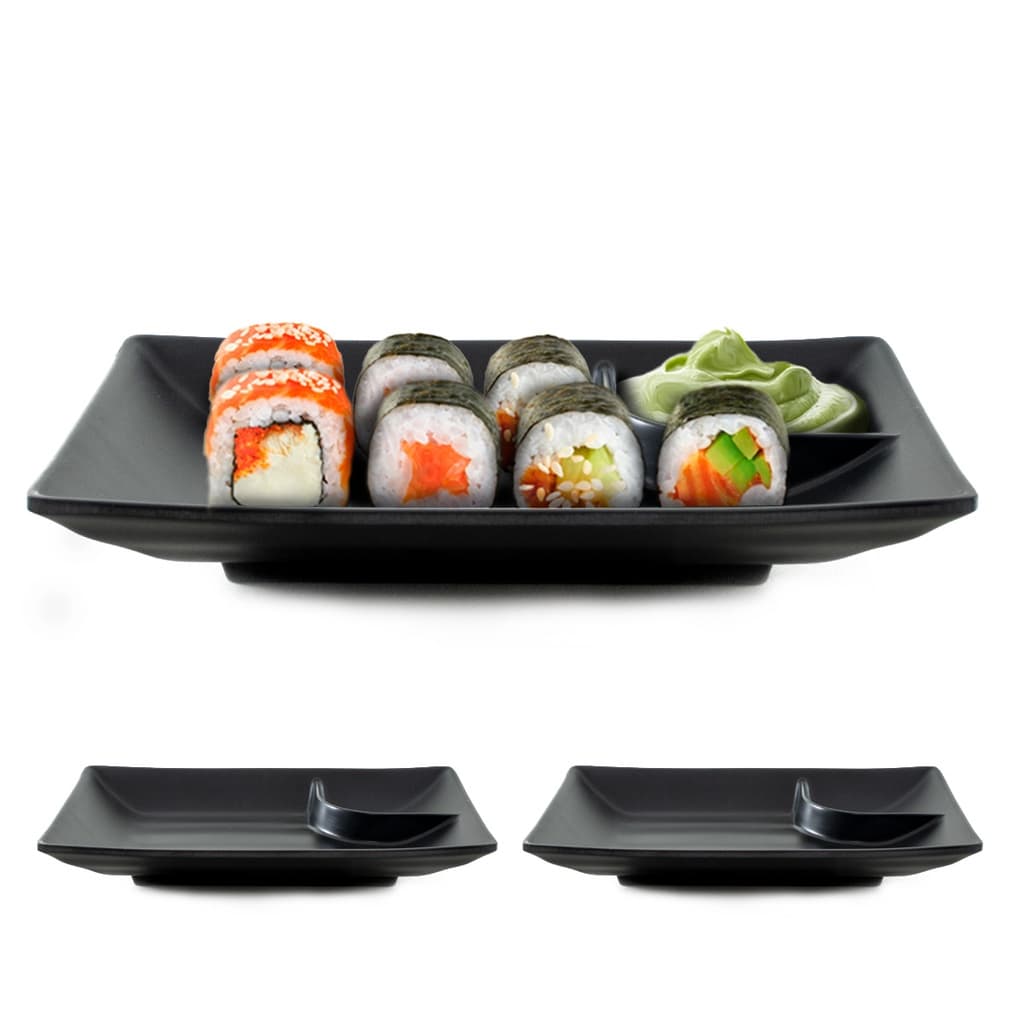 Kit 2 Pratos De Melamina Com Molheira Tóquio Pretos Para Servir Entradas Sushi Comida Japonesa Aperitivos Petiscos 19x12