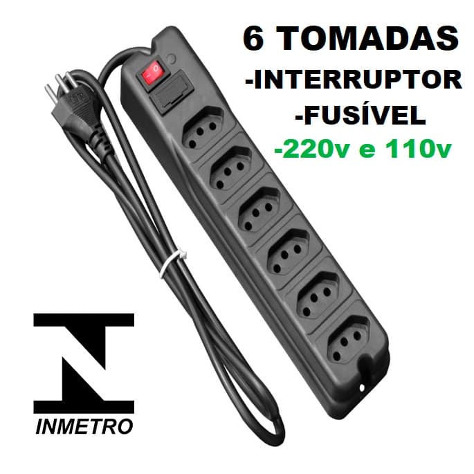 FILTRO DE LINHA COM 6 TOMADAS PARA ENERGIA ELÉTRICA ANTI CURTO EM PVC FIO 85CM Admirável