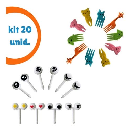 Kit 20 Garfinhos Petisco Frutas Lancheira Olhinhos Animais
