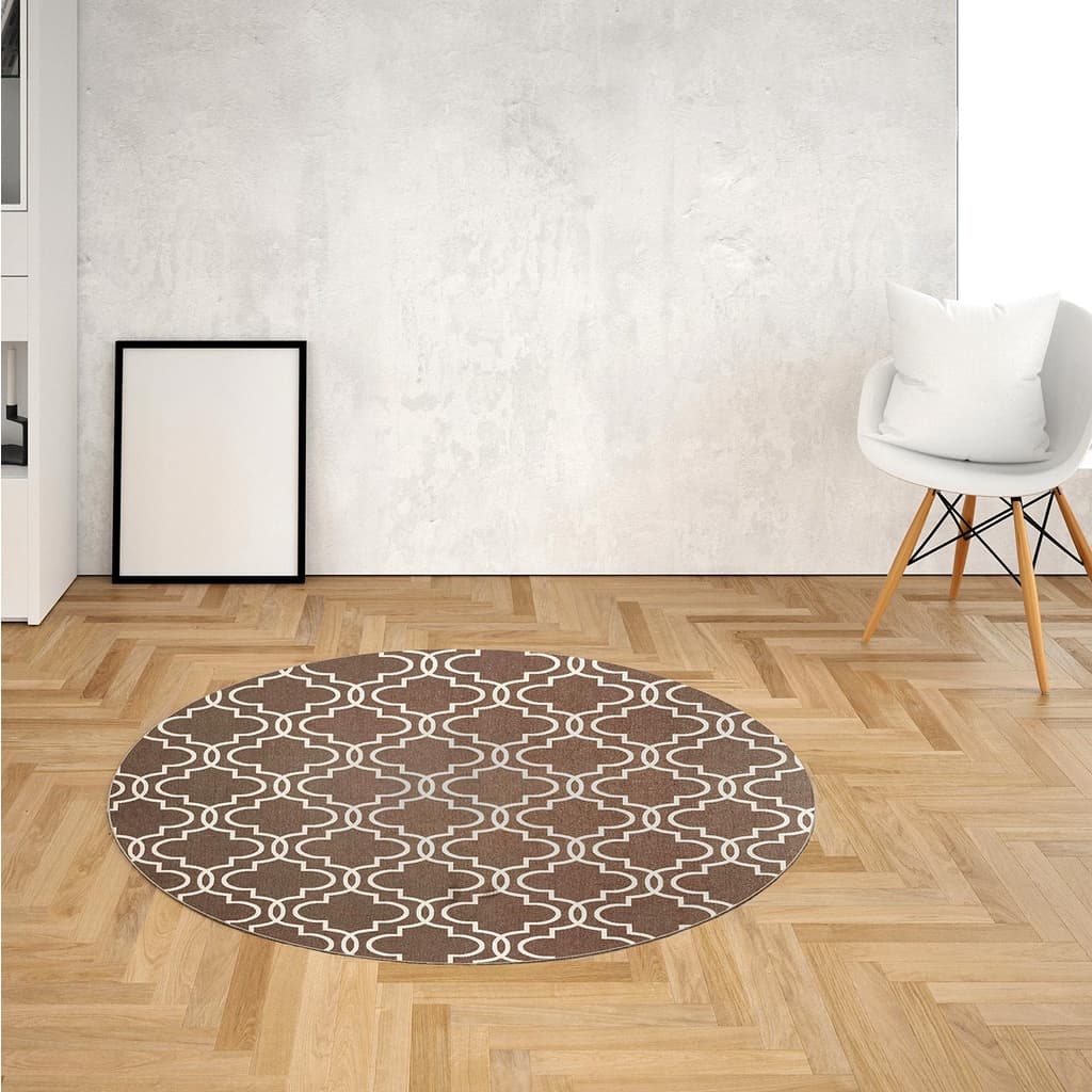 Tapete Redondo Dakar 135cm Geométrico  Marrom/Branco - Antiderrapante FastLar