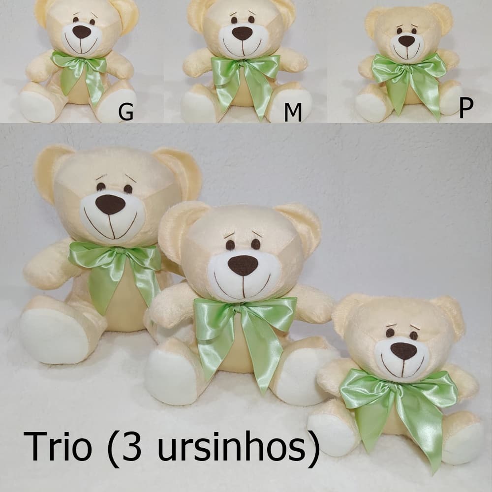 Urso Avulso e Trio De Ursinhos Com Laço Verde Cetim P/ Nichos 14cm 20cm 25cm