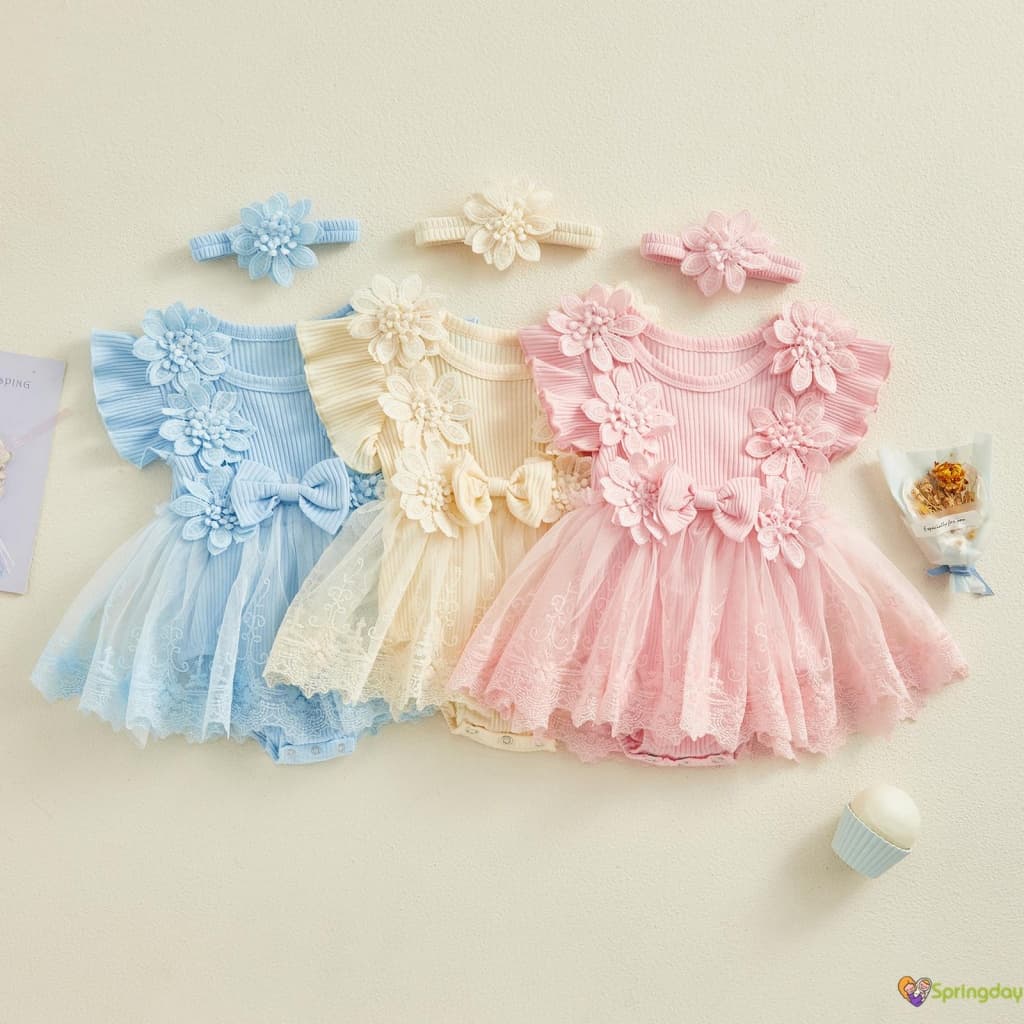 Macacão Infantil Bebê para Meninas Roupas de Verão Malha Renda Babados Vestido e Faixa de Cabeça,0-18 Meses