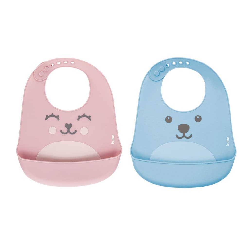 BABADOR BUBA DE SILICONE COM BOLSO GUMMY ROSA E AZUL