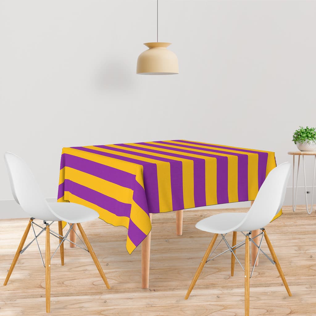 Toalha De Mesa Quadrada 4 Lugares Tecido Oxford Listras Amarelo e Roxo TL282 - 140x140cm