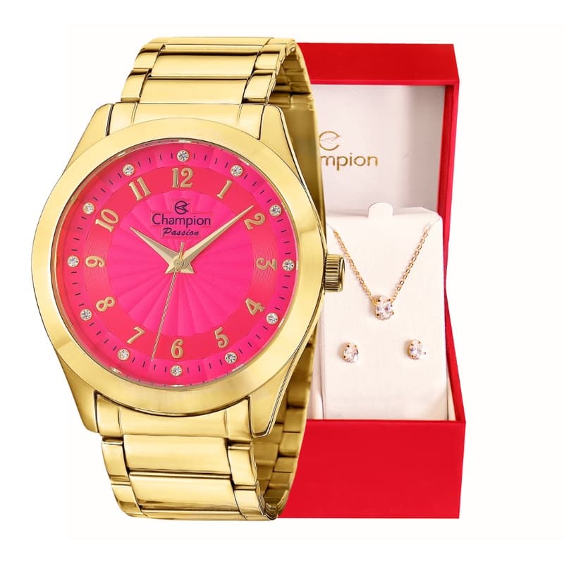Relógio Feminino Champion Analógico Dourado + Conjunto colar e brinco CN29409J Relógio De Pulso