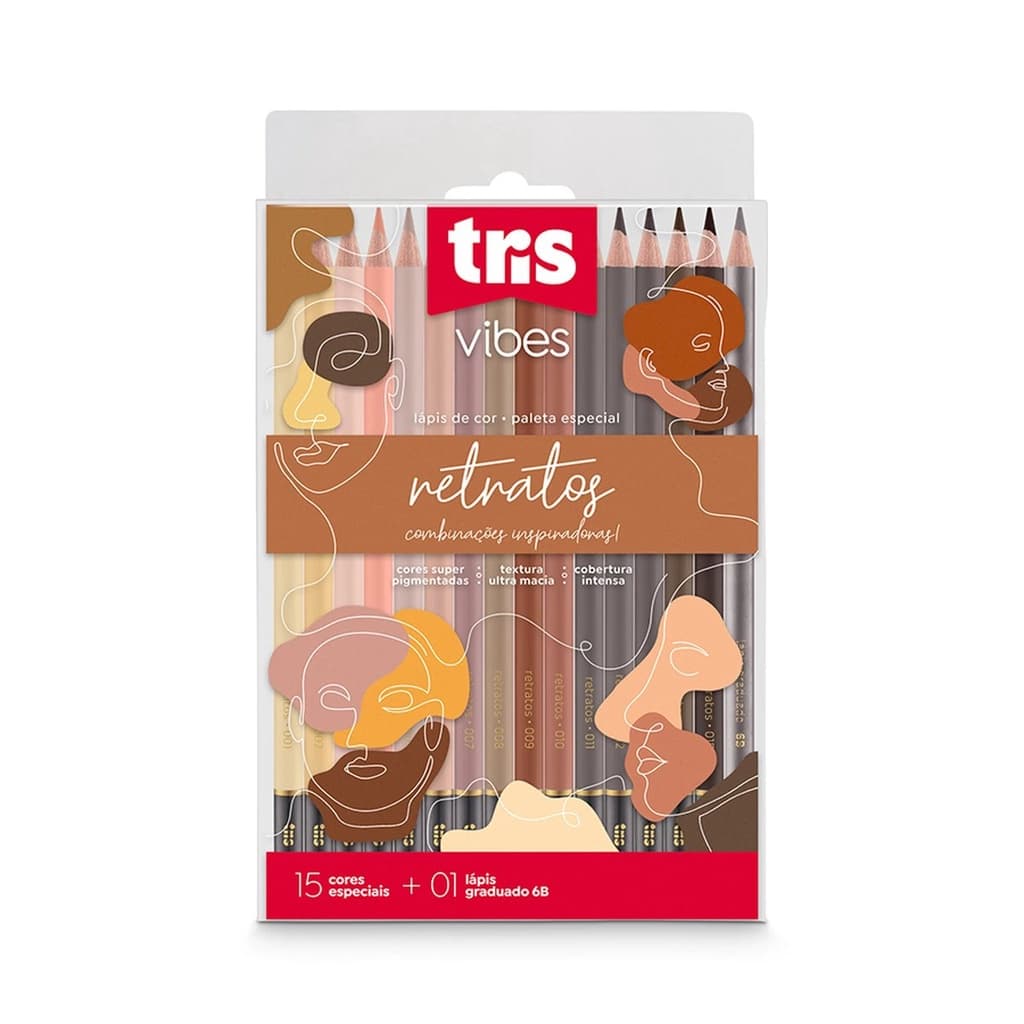 LAPIS COR TRIS VIBES 15 CORES RETRATOS + LAPIS 6B