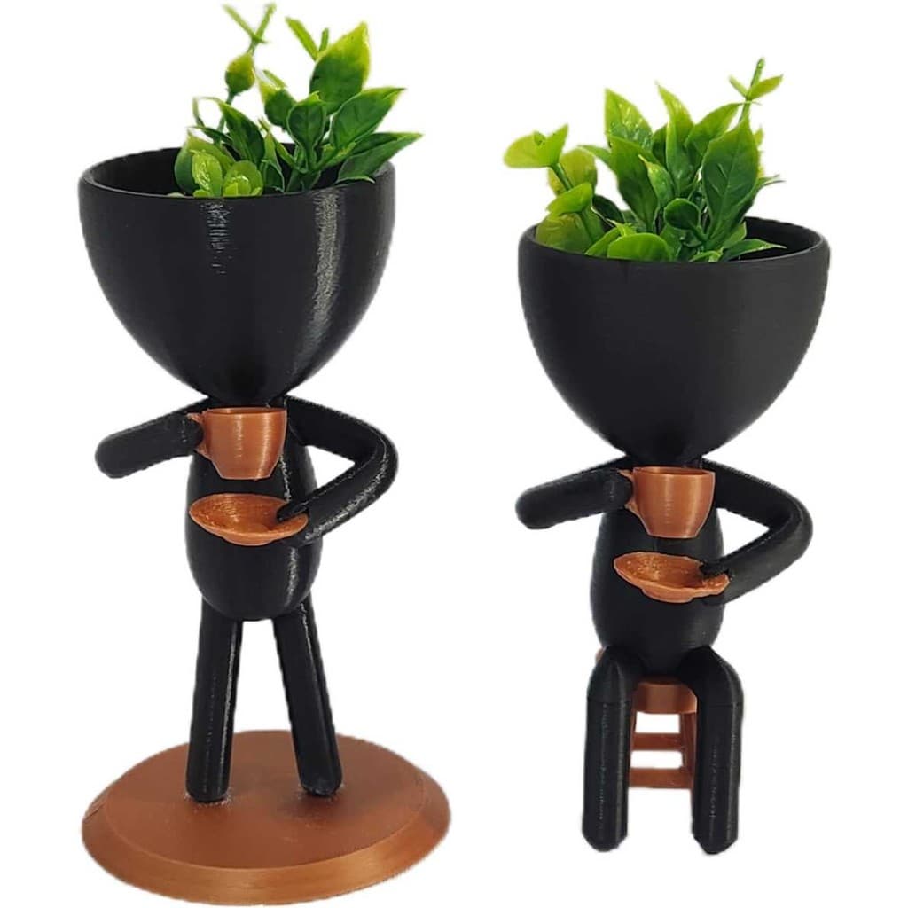 Kit 2 Bonecos Vaso Bob Tomando Café Com Plantas Preto Cobre