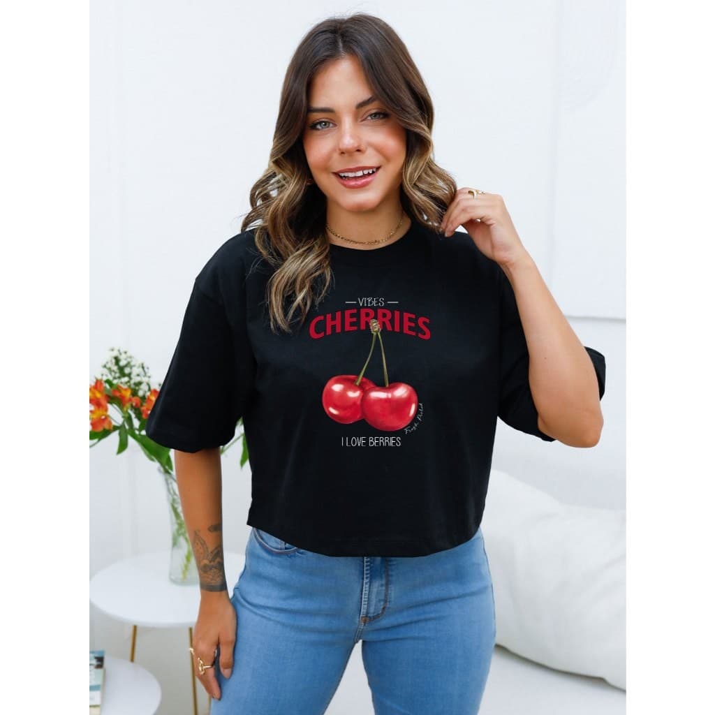 Cropped Feminino Oversized Cherries - D19 100%  Algodão Moda Feminina