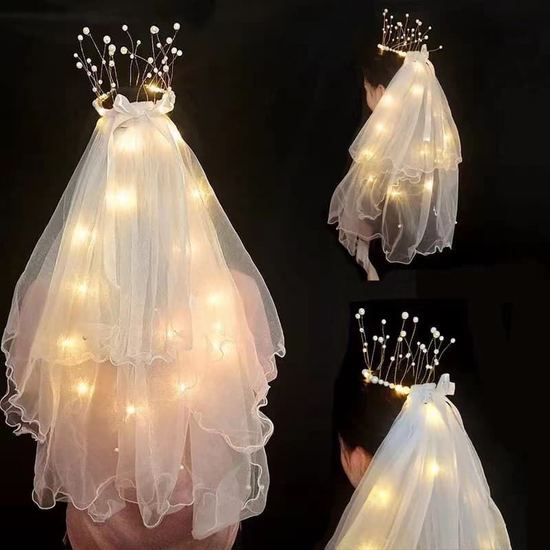 Véu de Noiva Branco e Preto com Laço e LED Carnaval Festa Casamento