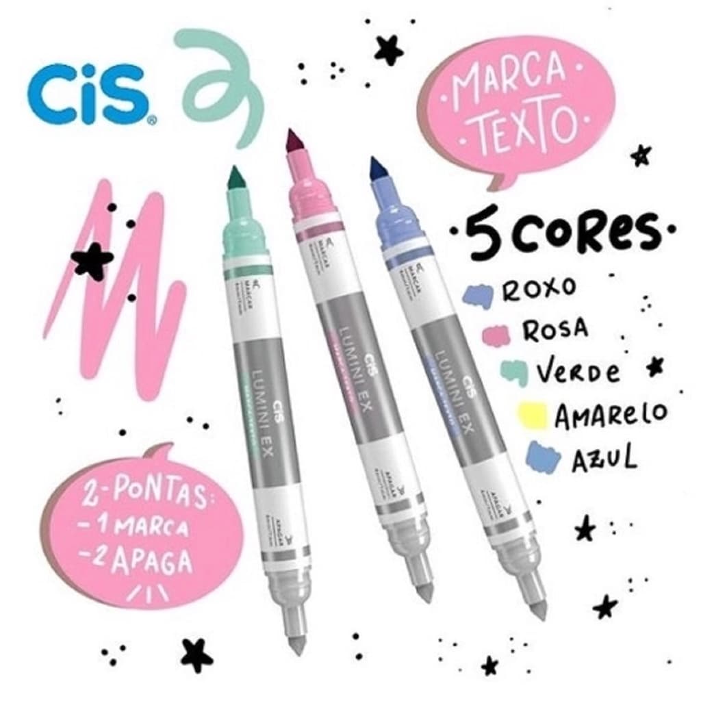 Marca Texto Apagável CIS Lumini Ex - Ponta Dupla: Marca e Apaga| Material Escolar | Papelaria