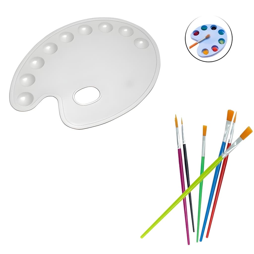 KIT PALETA GODÊ DE PLÁSTICO COM 9 CAVIDADES + 6 PINCÉIS PARA PINTURA