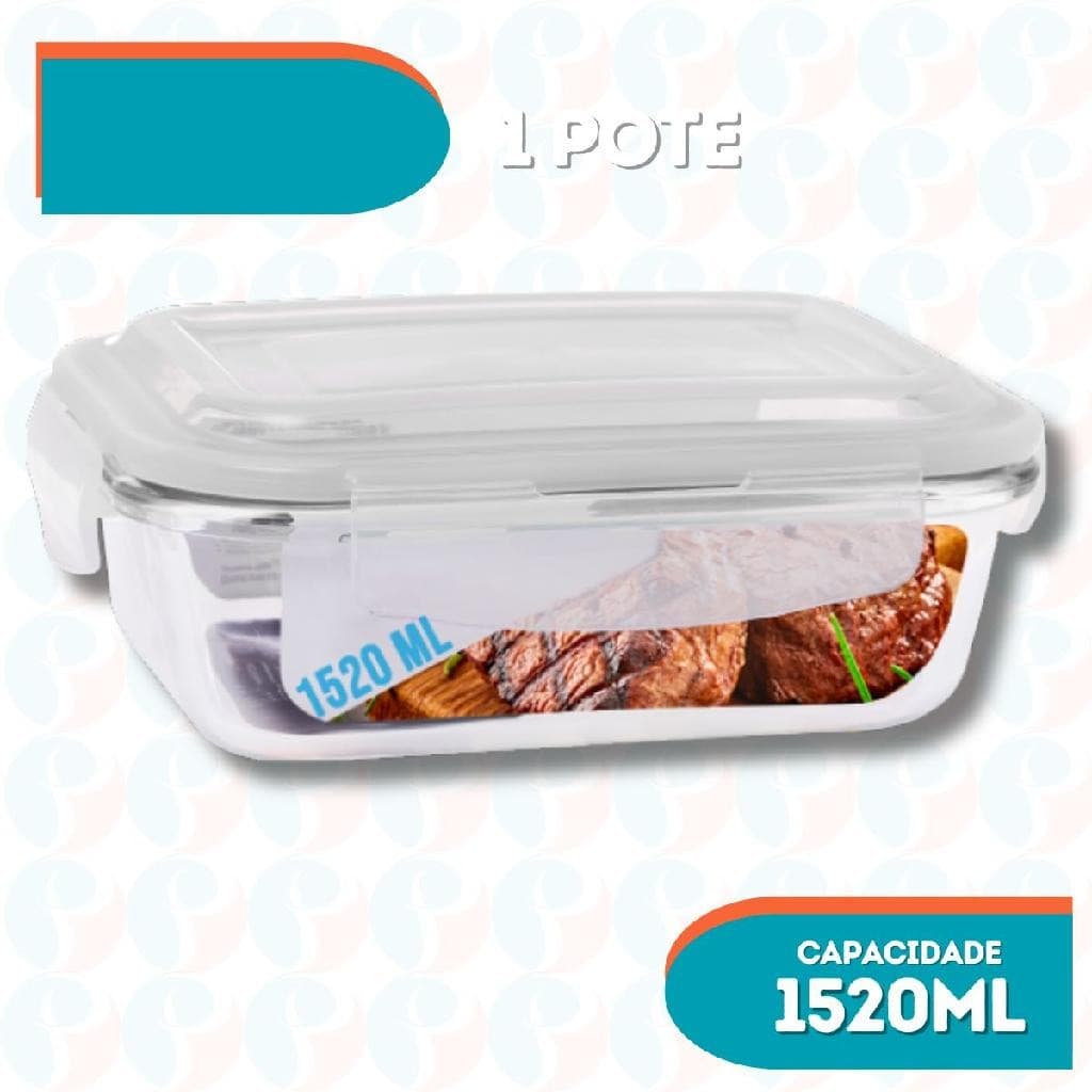 Pote Tampa Hermetico Retangular Vidro Marmita 1520ml Grande