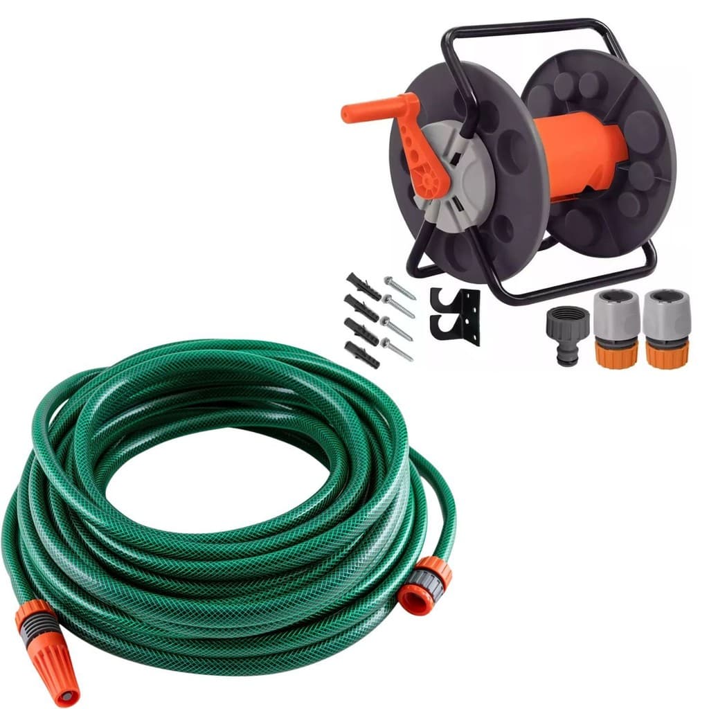 Enrolador De Mangueira Parede Suporte + Mangueira 20M Tramontina Jardim Flex Nao Dobra
