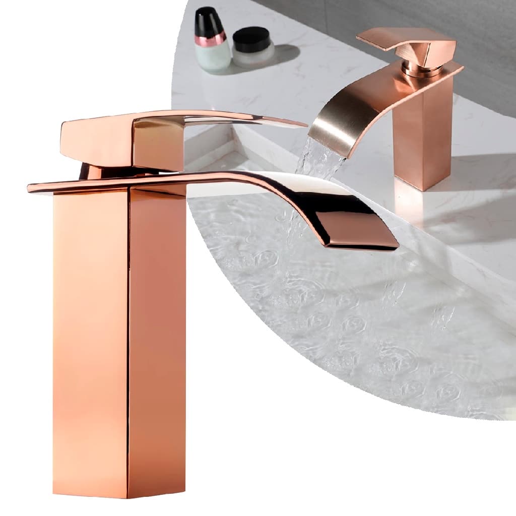 Torneira Banheiro Cascata Baixa Quadrada Monocomando Rose Gold
