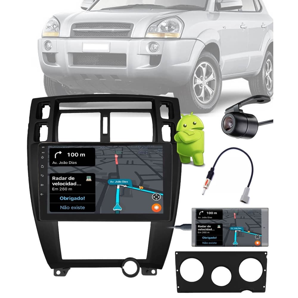 Multimídia 10" Tucson 2007 a 2016 Android Bluetooth Espelhamento Câmera Ré Moldura Adaptador Antena