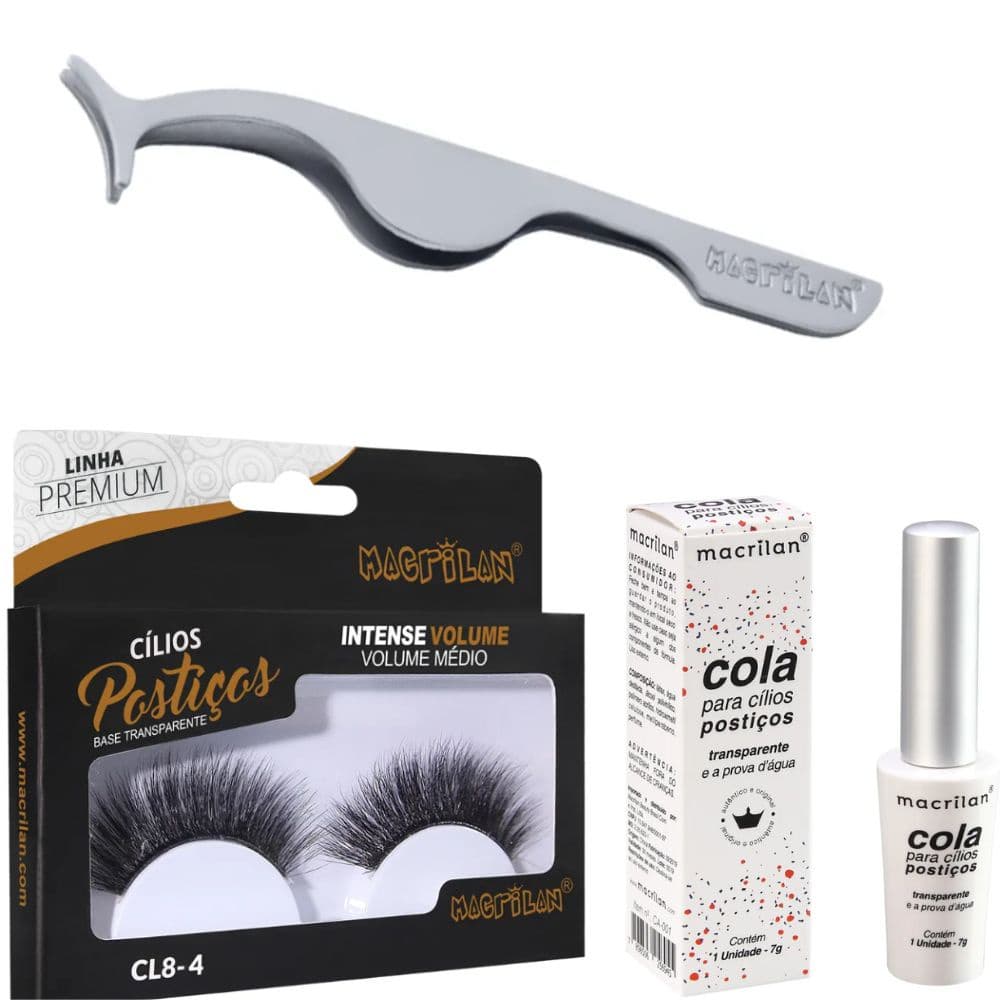 Kit Cílios Volume Médio + Pinça + Cola - Macrilan - CA-001 + CL8-4 + PI-11