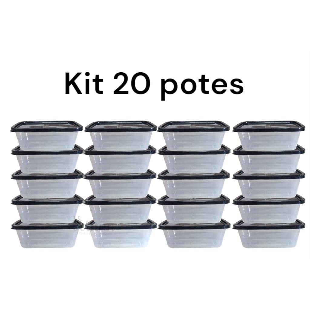 Kit 20 Potes Marmita Fitness Livre BPA 1 litro Congelar Marmita Semanal 1000 Ml Transparente com Tampa Preta Resistente