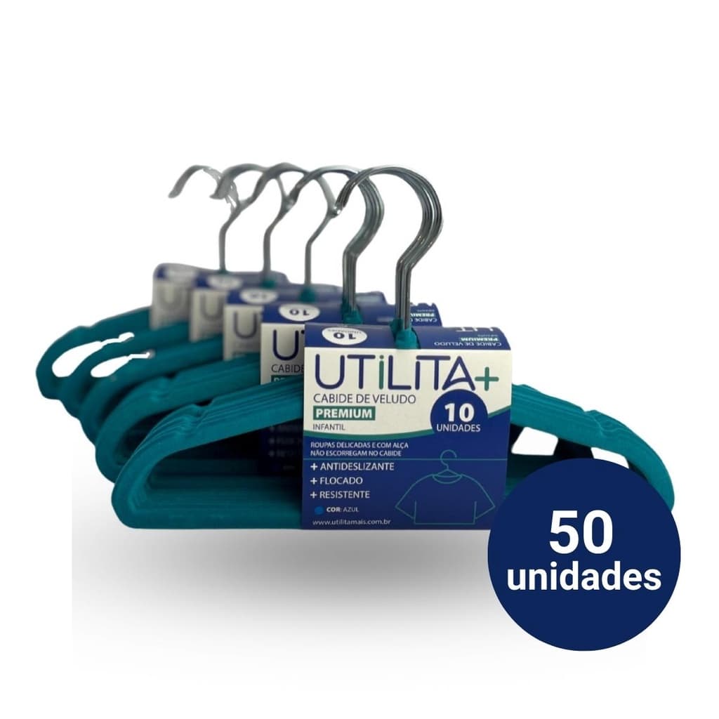 Cabide Veludo Infantil Slim Azul  Kit 50 pçs