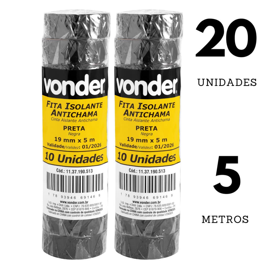 Kit com 20 Fitas Isolantes, 19,0 mm x 5 Metros  Pretas -VONDER