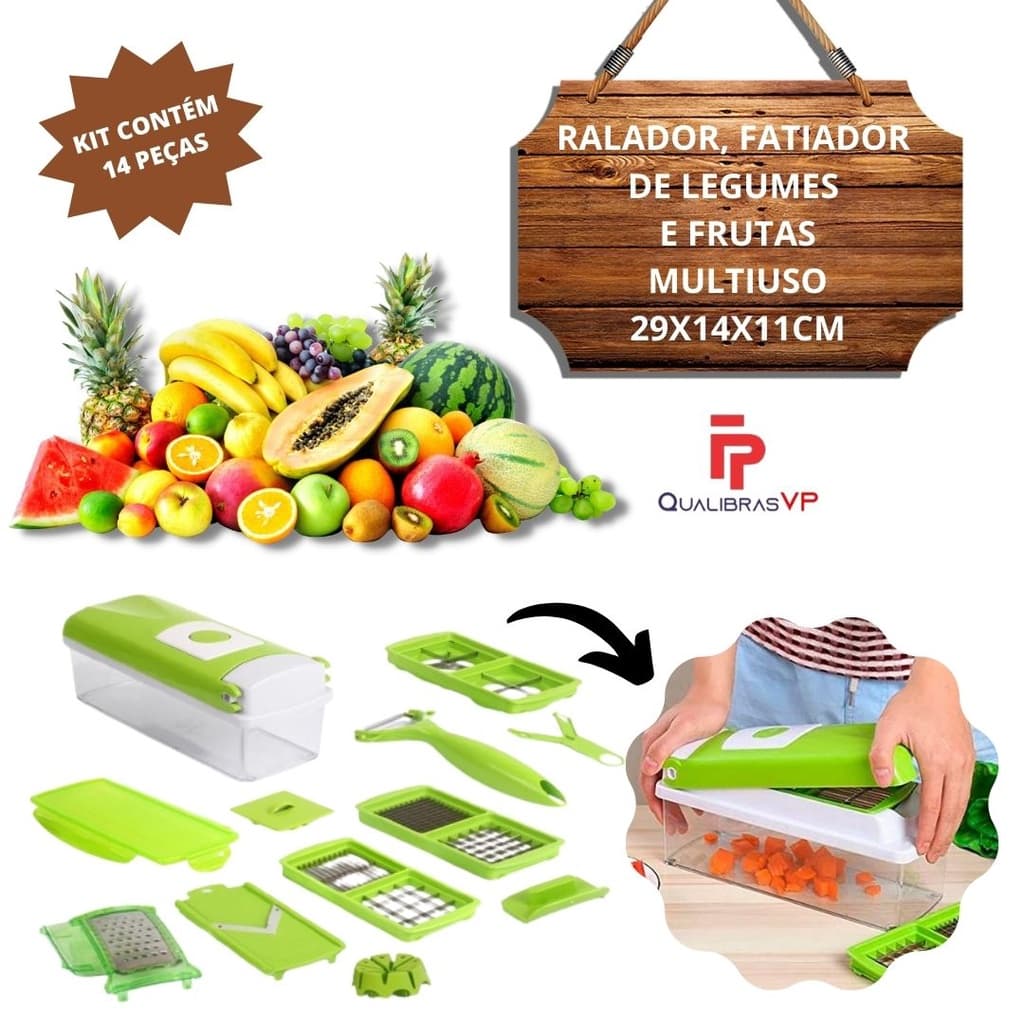 Multi Cortador Fatiador de Legumes e Frutas com Recipiente e Diversas lâminas de Corte