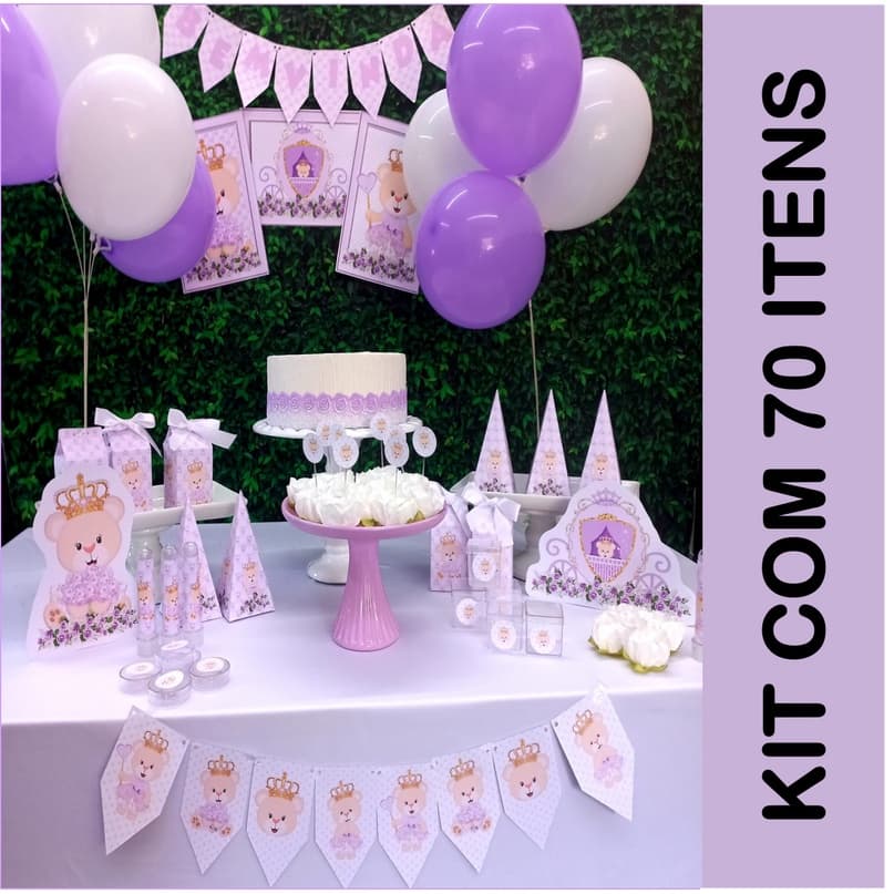 Ursinha Realeza Princesa Cha de bebê Fraldas 70 itens Lilas