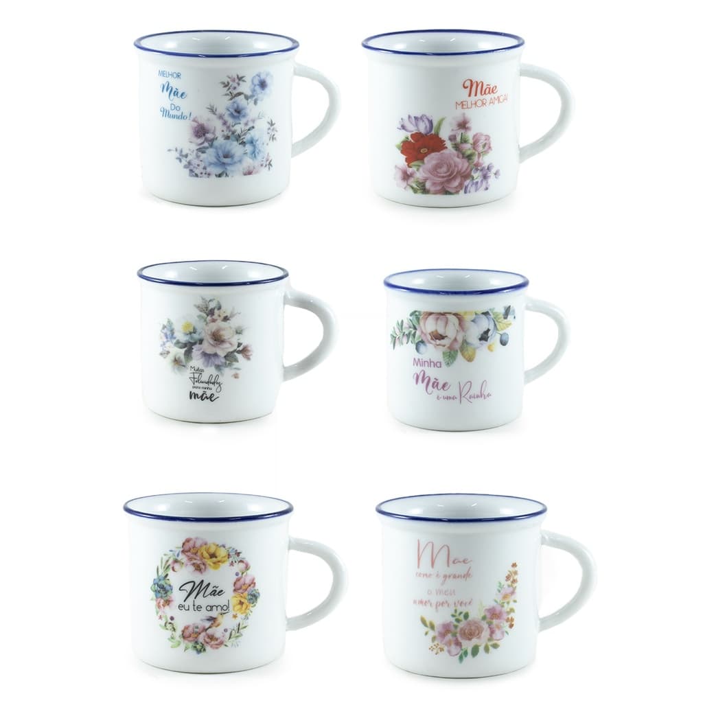 Kit 6 Mini Canecas De Porcelana Esmaltadas Brancas Retrô Para Café Presente Dia Das Mães Decoração Cozinha Elegante 80ml