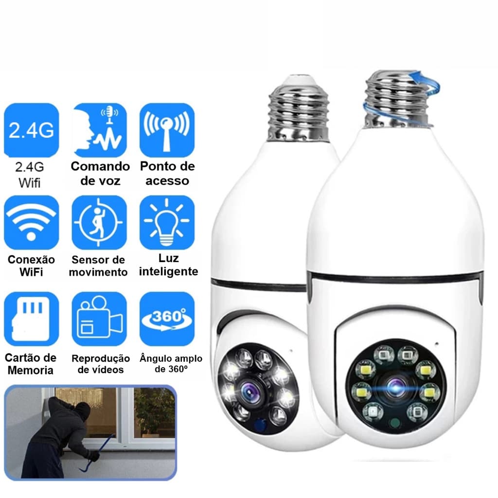 câmera segurança wifi ip 360º com encaixe lampada bocal app yoosee full HD 1080 visão noturna bivolt