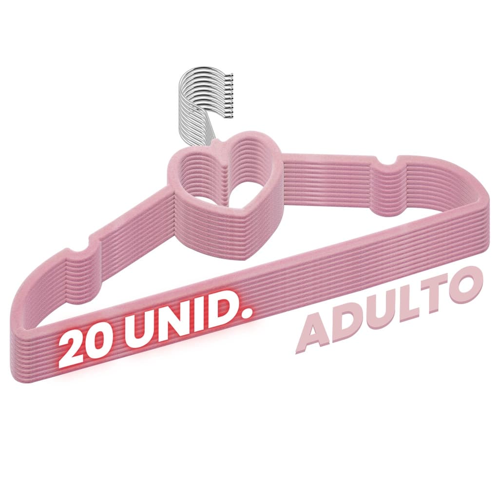 Kit 20 Cabides Veludo Rosa Antideslizantes Formato Coração