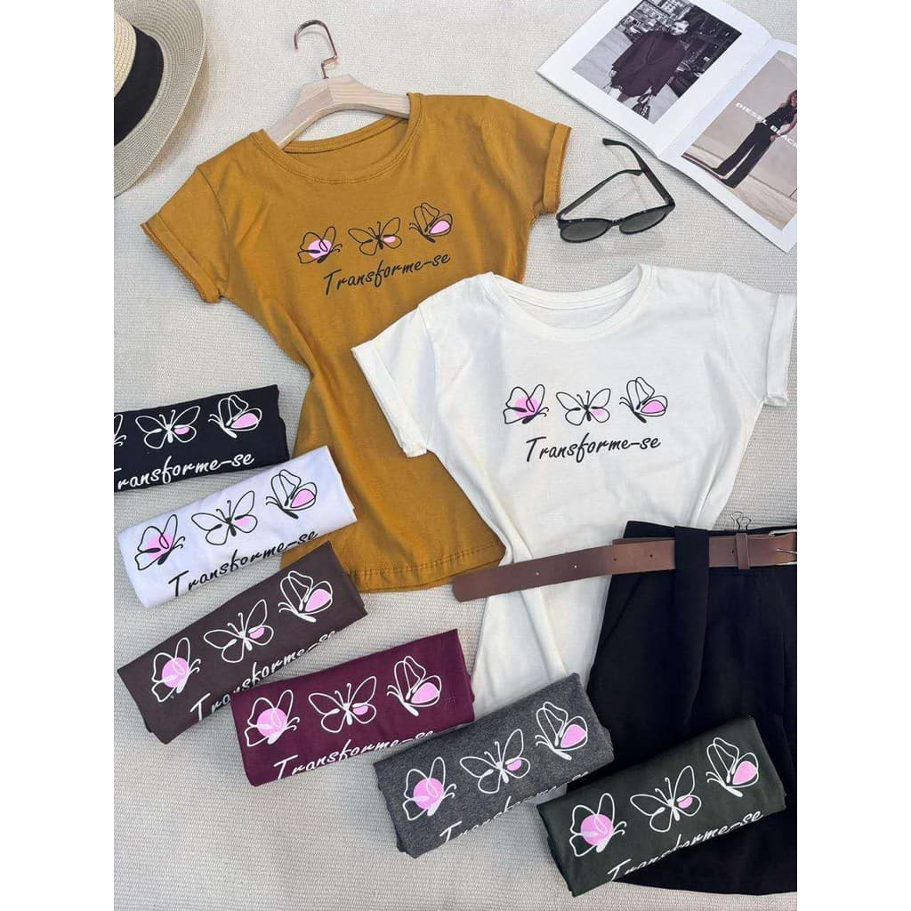 Camiseta tshirt feminina manga curta algodão 100 % Gola careca sempre com estampa Borboleta