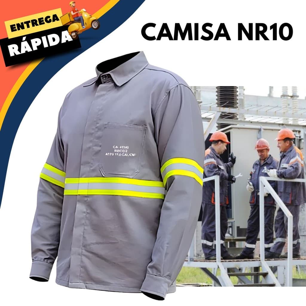 Camisa de Trabalho Cinza NR10 Proteção Risco2 EPI Antichama Faixa Refletiva Segurança Profissional Eletricista