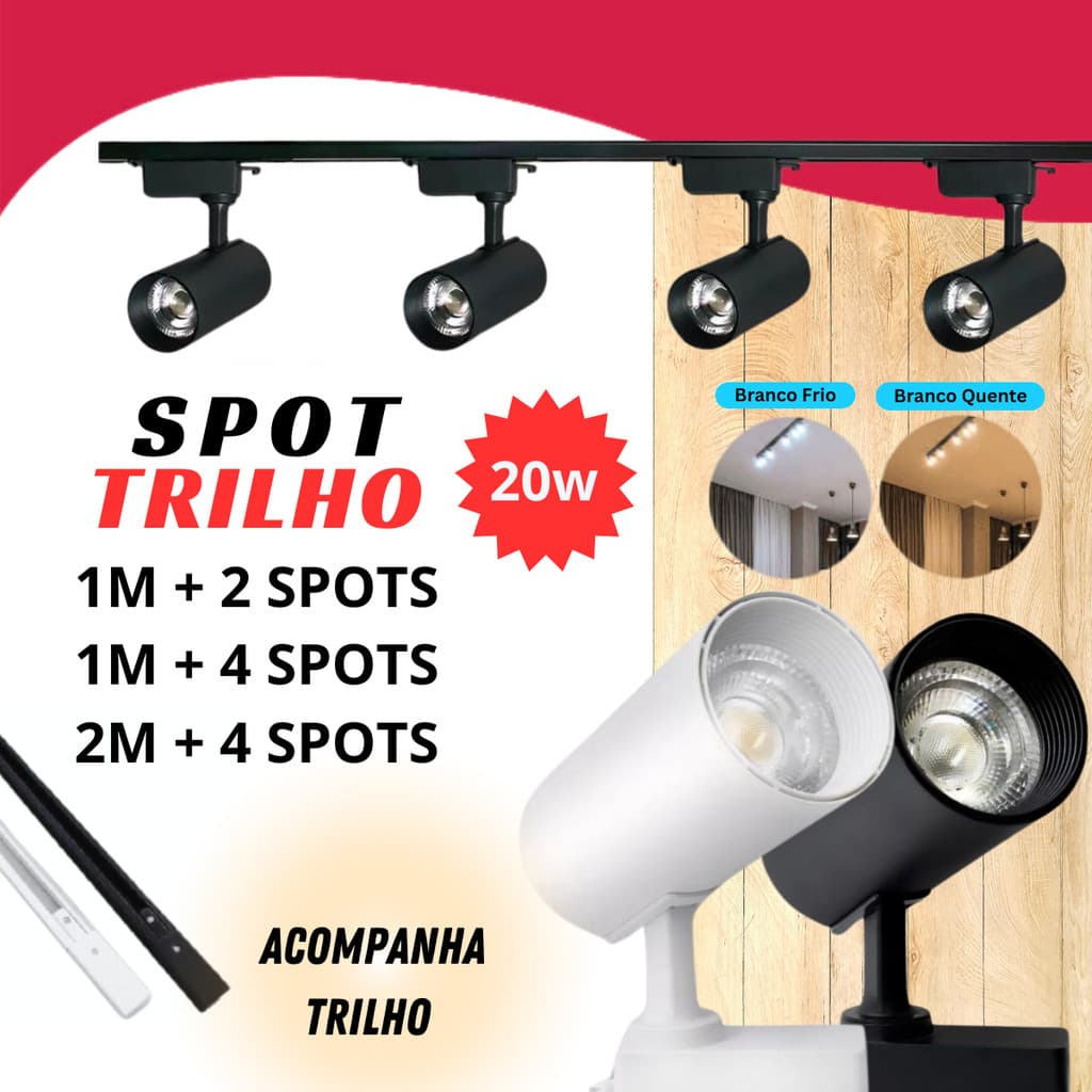 Kit Trilho Eletrificado SPOT LED 20W BRANCO OU PRETO COM TRILHO 1M e 2M COZINHA VITRINE LOJA SALA