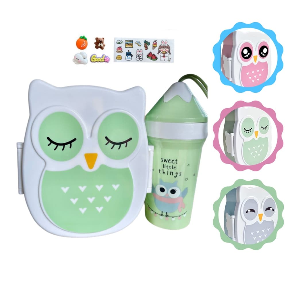 Kit Lancheira/Marmita Infantil Coruja com Divisórias, Copo Infantil Colorido 300 ml, Talher, Adesivo