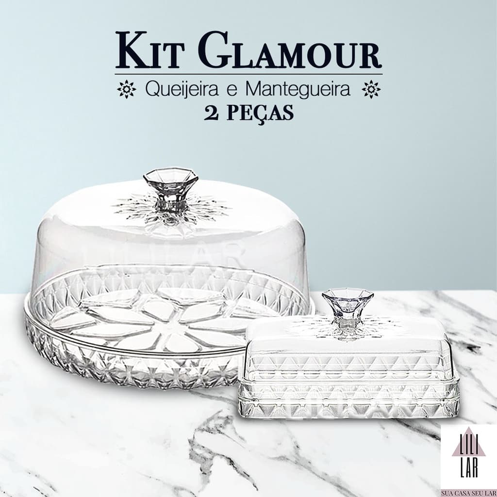 Kit Glamour 2 peças Queijeira e Mantegueira Linha Cristal Porta Queijo Manteiga