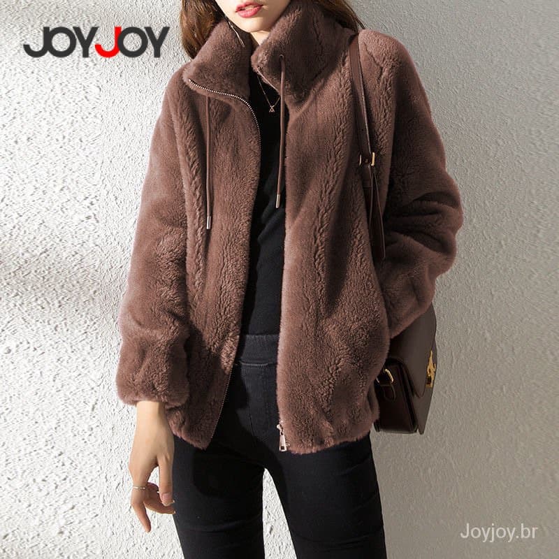 Joyjoy Jaqueta Feminina de Lã Grossa com Gola Alta – Casaco de Inverno Sólido, Elegante, com Gola em V e Manga Longa