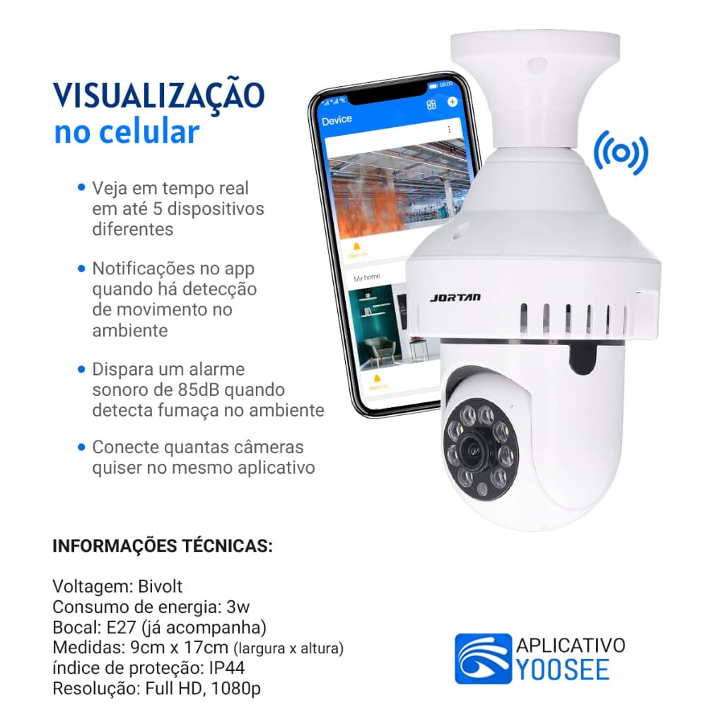 Camera Lampada Espia Wifi 360 Formato Detector Fumaca Jortan Full HD Auto Tracking Envio Imediato Estoque Brasil