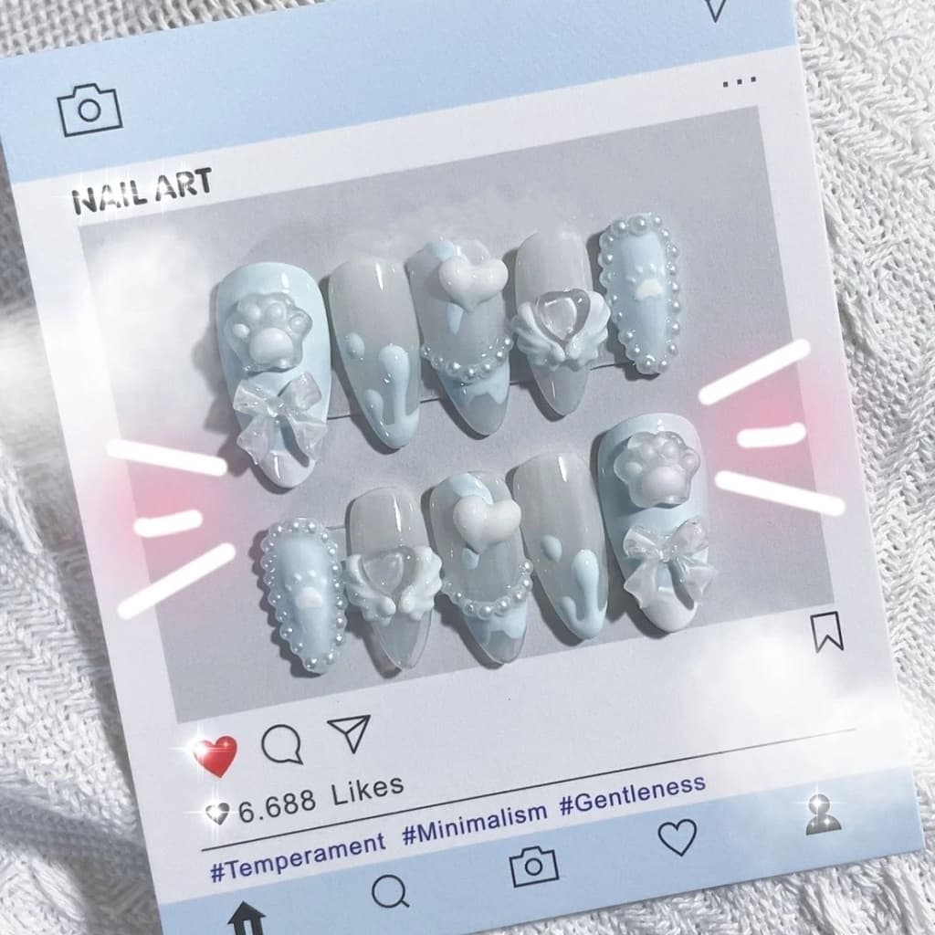 [HANDMADE]Artificial prego azul bonito arco Cat Paw unhas fototerapia unhas reutilizáveis e removíveis